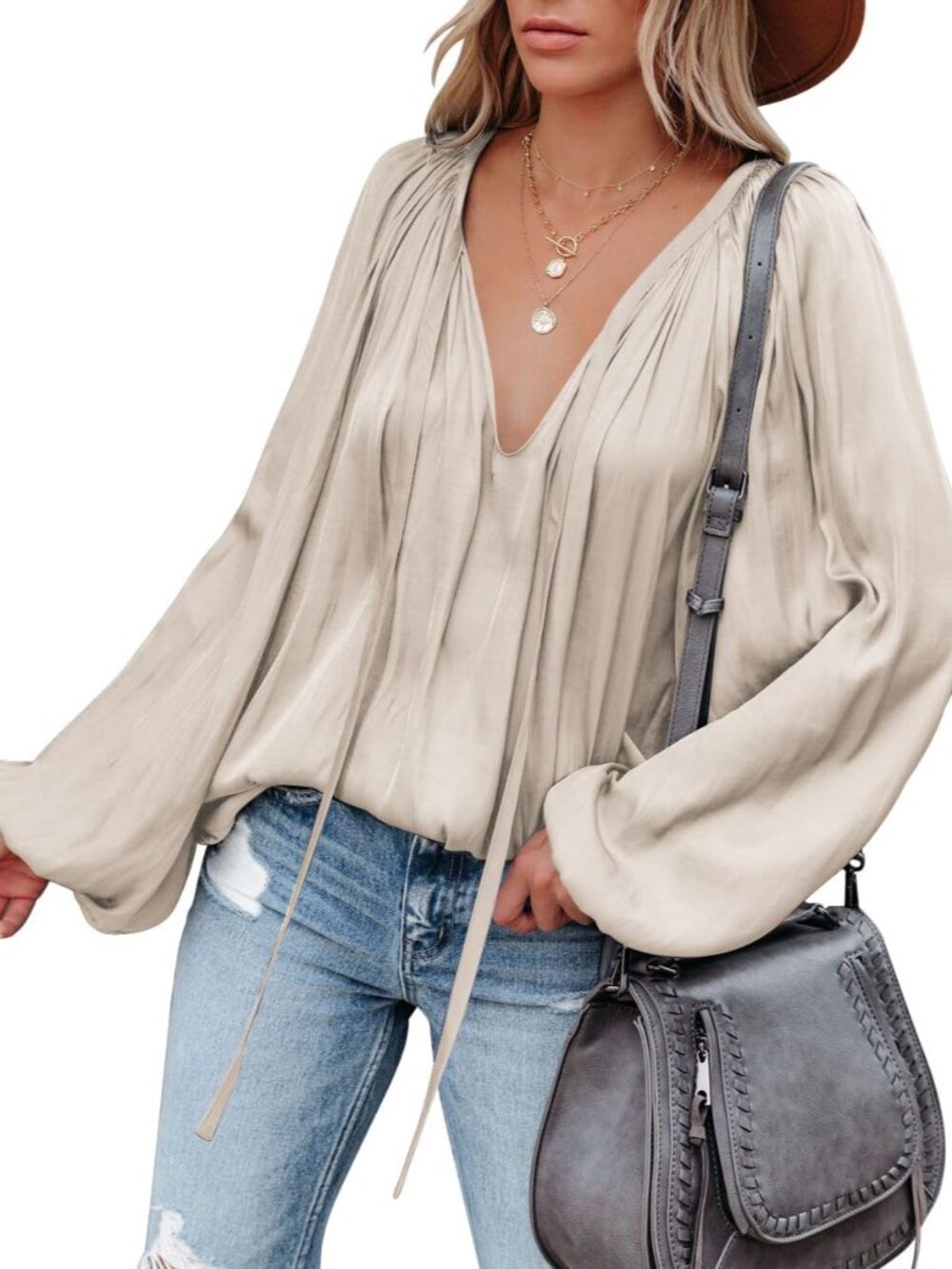 Womens Sexy Deep V Neck Blouse Bell Long Sleeve Satin Flowy Tops